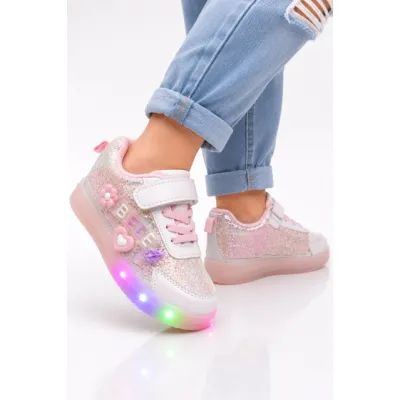 Pantofi sport cu luminite si sclipici, model premium style, piele ecologica, fete, roz ad30-75