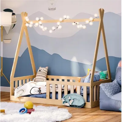 Pat Copii Tipi 140x70cm Natur Din Lemn Masiv De Pin ,   Design Scandinav Casuta, Montaj Direct Pe Podea, Cu Somiera   Sarcina Max 110kg Pjbtipi140_n
