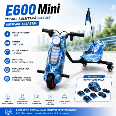 Tricicleta electrica drift 360 kidscare e600 mini pentru copii, motor 150w, viteza maxima 15 km/h, baterie 36v 2.4ah, lumini led, roti drift, albastru, kit de protectie inclus