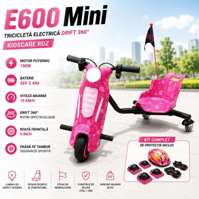 Tricicleta electrica drift 360 kidscare e600 mini pentru copii, motor 150w, viteza maxima 15 km/h, baterie 36v 2.4ah, lumini led, roti drift, roz, kit de protectie inclus