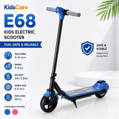Trotineta electrica copii kidscare e68, motor 110w, baterie 24v 2.5ah, viteza 5-8 km/h, bluetooth, lumini, albastru
