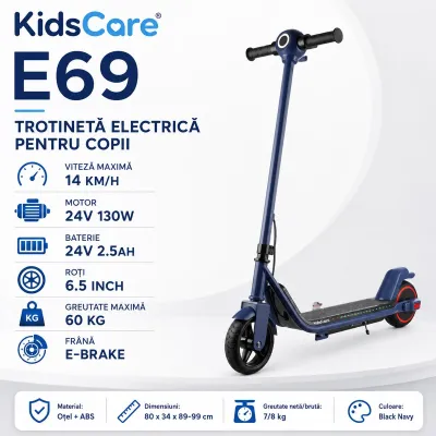 Trotineta electrica copii kidscare e69, motor 130w, baterie 24v 2.5ah, viteza 14 km/h, lumini, negru