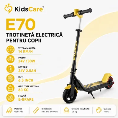 Trotineta electrica copii kidscare e70, motor 130w, baterie 24v 2.5ah, viteza 14 km/h, lumini, galben