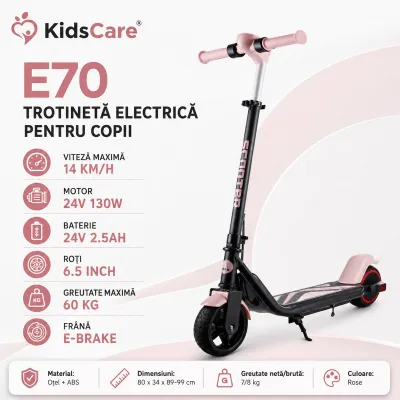 Trotineta electrica copii kidscare e70, motor 130w, baterie 24v 2.5ah, viteza 14 km/h, lumini, roz