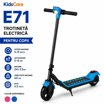 Trotineta electrica copii kidscare e71, motor 110w, baterie 24v 2.5ah, viteza 12-15 km/h, bluetooth, lumini, albastru