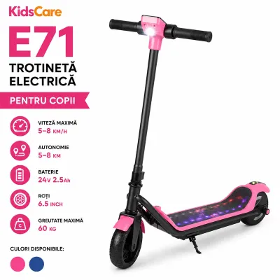 Trotineta electrica copii kidscare e71, motor 110w, baterie 24v 2.5ah, viteza 12-15 km/h, bluetooth, lumini, roz