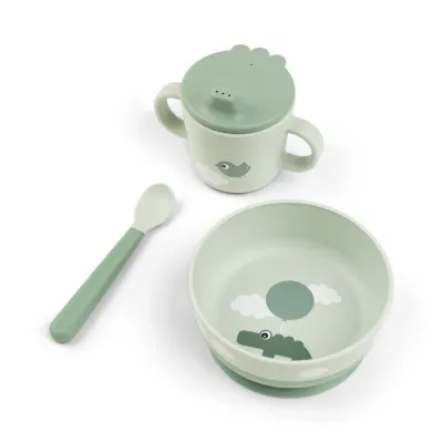 Set pentru primele mese cu ventuza Done by Deer Foodie Happy Clouds Green