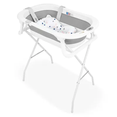 Cadita de baie pliabila, Qmini, Foldy Pro, Cu suport metalic si pernuta de baie, Cu termometru electronic, Cu dop si furtun pentru scurgere, Antiderapanta, 80&times;49 cm, Alb/Gri BYNFG490