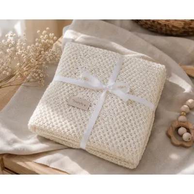 Paturica Tricotata Din Bambus Si Bumbac Babyly, Silky Soft, 80x100cm, Cream Shell, Termoreglatoare, Certificata Pjbc446
