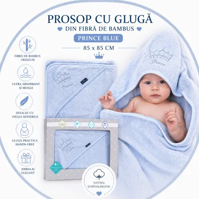 Prosop Din Fibra De Bambus Cu Gluga Pentru Bebelusi Si Copii, Hands-free, Prince Blue, 85x85cm Pjb21029