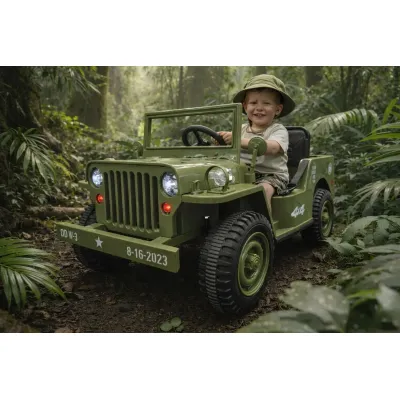 Jeep Electric Pentru Copii Willy 12v Verde Militar, Design Retro ,   Telecomanda 2.4g, 4 Motoare   3-5 Ani Pjbc4k103
