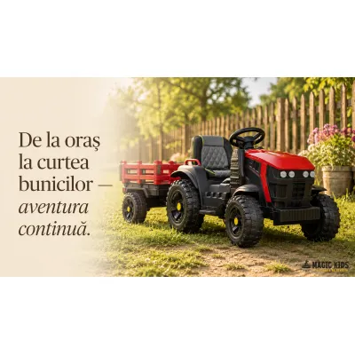 Tractor Electric Pentru Copii Farmer 12v Roe U, Cu Remorca Detae Abila E I Telecomanda 2.4g ,   Roti Eva, Scaun Piele   3-6 Ani Pjbc4k0925rood