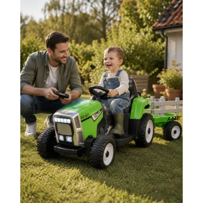 Tractor Electric Pentru Copii Mx-611 12v Verde, Cu Remorca Detae Abila, Bluetooth E I Telecomanda 2.4g ,   Roti Cauciuc, Scaun Piele   2,5-5 Ani Pjbc4k611groen