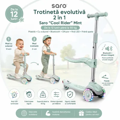 Trotineta Evolutiva 2 A N 1 Saro , &oelig;cool Rider,   Mint, 12 Luni+, Pliabila, Cu Scaunel, Bluetooth + Difuzor, Roti Led, Frana Spate, Max. 50 Kg Pjb89100