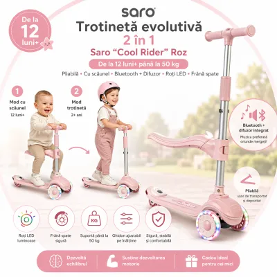 Trotineta Evolutiva 2 A N 1 Saro , &oelig;cool Rider,   Pink, 12 Luni+, Pliabila, Cu Scaunel, Bluetooth + Difuzor, Roti Led, Frana Spate, Max. 50 Kg Pjb89101