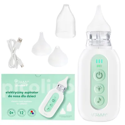 Aspirator nazal electric Vitammy Picolino 7, pentru copii din prima zi de viata, 2 capete de schimb, 3 niveluri de putere, 12 melodii, iluminare colorata, incarcare USB-C BITVitammyPicolino7