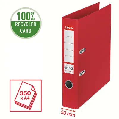 Biblioraft Esselte No.1 Power Recycled, carton, 100% reciclat, reciclabil, certificare FSC, A4, 50 mm, rosu BPTCSL007575