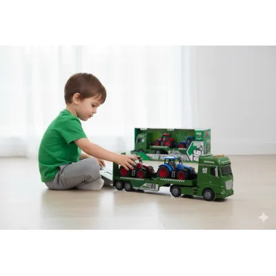 Camion cu trailer si 2 tractoare incluse, sunete, lumini, rampa pentru tractoare, 59cm lungime