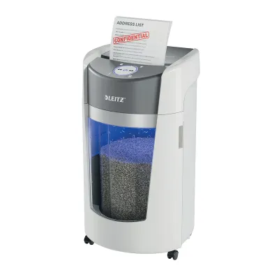 Distrugator documente manual Leitz OptiMax, P5, micro-cut, 10 coli, cos 35l, alb-gri BPTCSL600000
