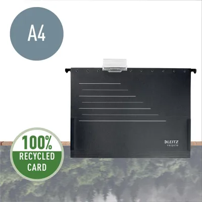 Dosar suspendabil Leitz Alpha Recycle, carton, 100% reciclat, certificare Blue Angel, reciclabil, A4, cu burduf, negru BPTCSL192295