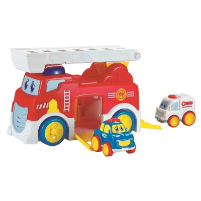 Masina de pompieri RS Toys, cu 2 vehicule incluse, lumini, sunete si melodii