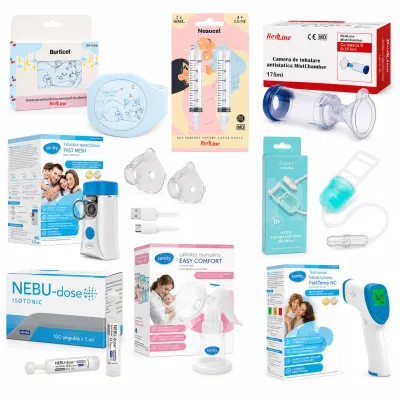 Pachet nou nascuti baietel, centura anticolici, seringi lavaj nazal, camera de inhalare, aparat de aerosoli, aspirator nazal, ser fiziologic izotonic, pompa manuala de san, termometru non-contact BITpachetnounascutibaietel