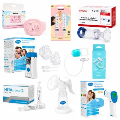 Pachet nou nascuti fetita, centura anticolici, seringi lavaj nazal, camera de inhalare, aparat de aerosoli, aspirator nazal, ser fiziologic izotonic, pompa manuala de san, termometru non-contact BITpachetnounascutifetita