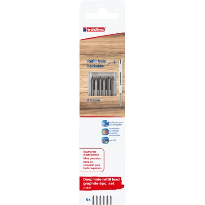 Rezerve creion mecanic Edding 8881 pentru Edding 8880, set 6 mine, 2.8 mm, grafit, blister BPTCED888100