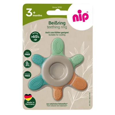 Inel de dentitie pentru bebelusi nip&reg; Green, masaj gingii si primii dintisori, din materiale naturale, fara BPA, fara ftalati, fara PVC, Made in Germany, 3+ luni, nip 38787
