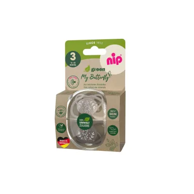 Set 2 suzete nip My Butterfly cu tetina ortodontica din silicon, forma simetrica, din materiale naturale regenerabile, fara BPA, cutie de transport si sterilizare, 5-18 luni, maro, nip My Butterfly Green 38864