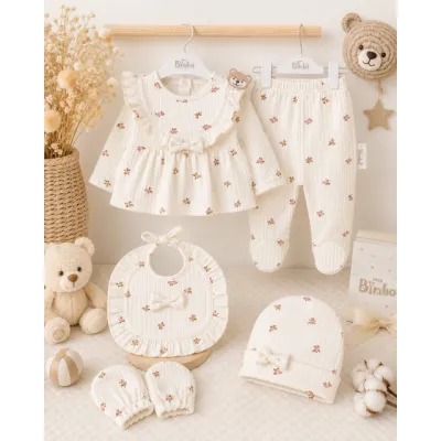 Compleu nou nascut fetite cu bluzita, pantaloni, caciulita, manusi si bavetica, bej floral, bimbo, 0-3 luni, hsn304sbs-1