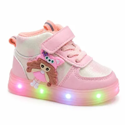 Pantofi sport inalti cu luminite, model papusa, piele ecologica, fete, roz ad30-81