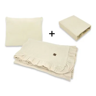 Lenjerie patut cu 3 piese, Qmini, Aurora, Pentru co-sleeper, Din muselina dubla, Material certificat Oeko Tex Standard 100, Warm Beige BYN6426972034494