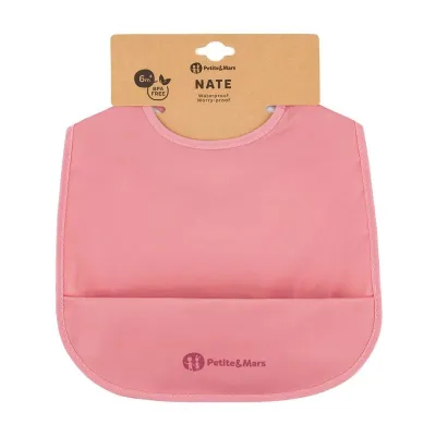 Baveta impermeabila cu buzunar, Petite&Mars, Nate, Fara PVC si ftalati, 37 &times; 27 cm, 6 luni+, Prindere velcro, Roz BYN411820