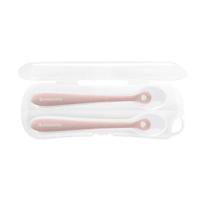 Set 2 lingurite din silicon alimentar cu carcasa de protectie, de la 4 luni+, Blush