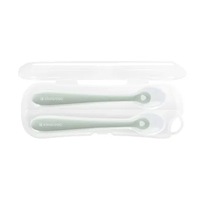 Set 2 lingurite din silicon alimentar cu carcasa de protectie, de la 4 luni+, Sage Green