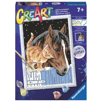 Ravensburger - CreArt pictura pe numere pentru copii cu sclipici pisicuta si cal - ARTRVSPBN20217