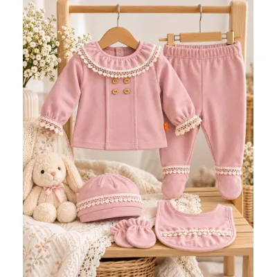 Costumas bebelusi fete 5 piese roz pudra cu dantela, bumbac 100% superbebe shop yby17sbs