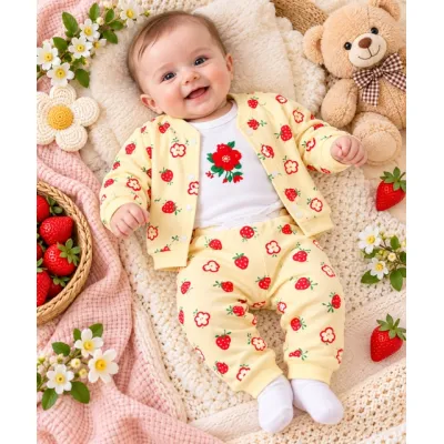Costumas bumbac bebelusi 3 piese galben cu imprimeu fructe, bluza maneca lunga cu capse, pantaloni si caciulita superbebe shop vhhsn745