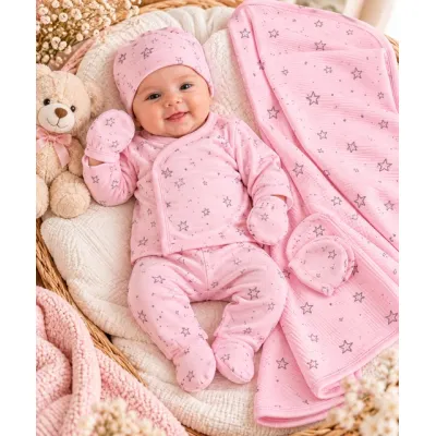 Costumas bumbac fete 5 piese roz cu imprimeu stelute set complet bebelusi maneca lunga si caciulita sbshsn677