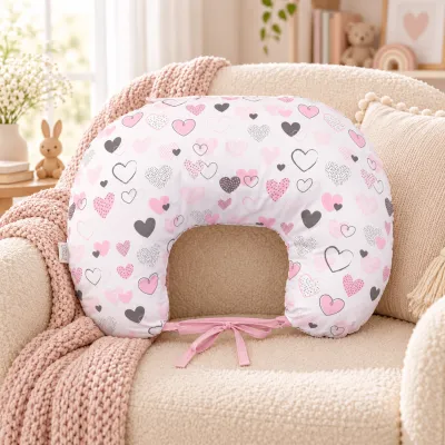 Perna Pentru Gravide Si Alaptare, Husa Detasabila Din Bumbac 100% Si Umplutura Antialergica Babysoft  , Inimioare, Amy Pjb83267