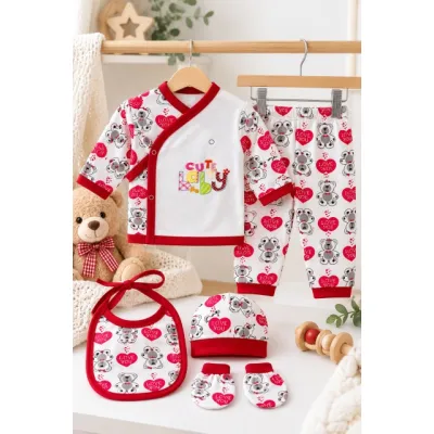 Set nou-născut bebe 5 piese, alb cu roșu, imprimeu ursuleți și inimioare, bluză, pantaloni, căciuliță, bavetă și mănuși mtr32sbs-5
