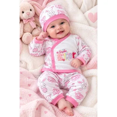 Set nou-născut fetiță 5 piese, alb cu roz, imprimeu iepurași, bluză, pantaloni, căciuliță, bavetă și mănuși mtr32sbs-6