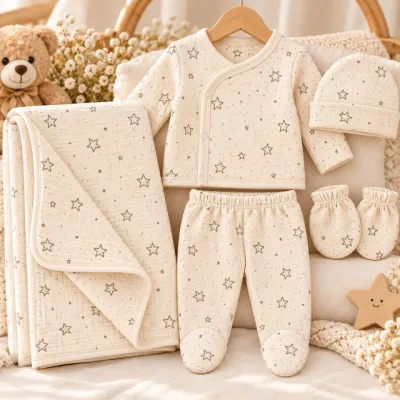 Set pentru bebeluși din 5 piese ivoire cu model stelute, bumbac 100% sbshsn677-1