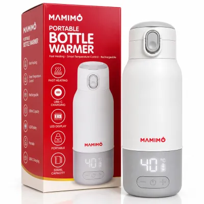 Incalzitor portabil apa si lapte pentru bebelusi mamimo, termos electric 500 ml, baterie 10.400 mah, temperatura reglabila 37&ndash;55&deg;c si 100&deg;c, incalzire rapida, mentinere temperatura, dezinfectare, afisaj led, inox 316l, alb/gri