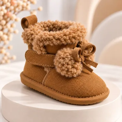 Cizme maro imblanite pentru fete superbebe shop din piele ecologica cu talpa de cauciuc si ciucurei pufosi, peste glezna, inchidere cu fermoar