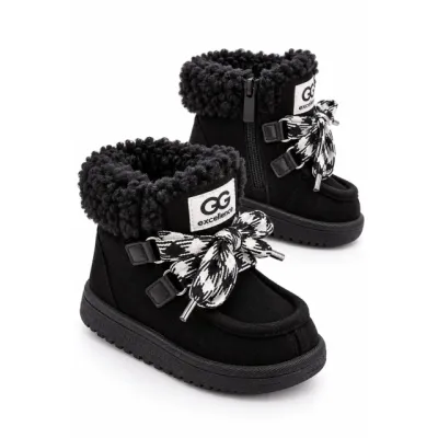 Cizme negre cu siret pentru fetite, inchidere cu fermoar, piele ecologica, model winter style