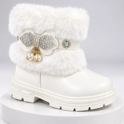 Ghete albe cu blanita accesorizata cu strasuri si perlute, fetite, piele ecologica, model elegance