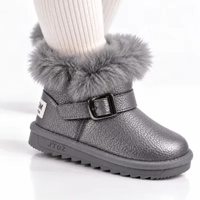 Cizme gri sidefat pentru fetite cu catarama, superbaby, model pufy, piele ecologica