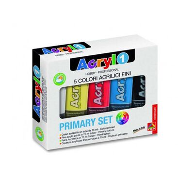 Tempera acrilica Morocolor Primo 75 ml, 5 culori de baza: alb, galben, rosu, albastru - BPTCMC421005